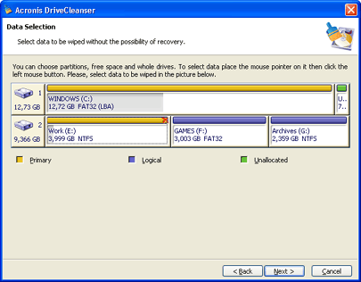 Selecting partitions and/or hard disks for wiping